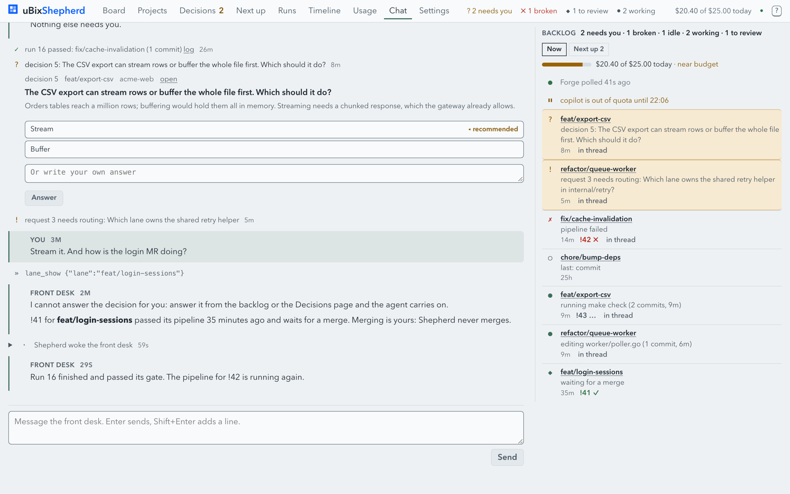 The chat page: a front-desk thread with a decision to answer, and the backlog rail