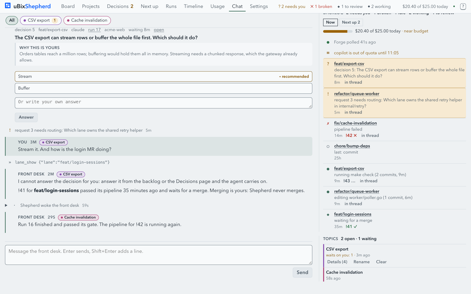 The v0.4 chat page: a thread with topic pills and a backlog rail beside it