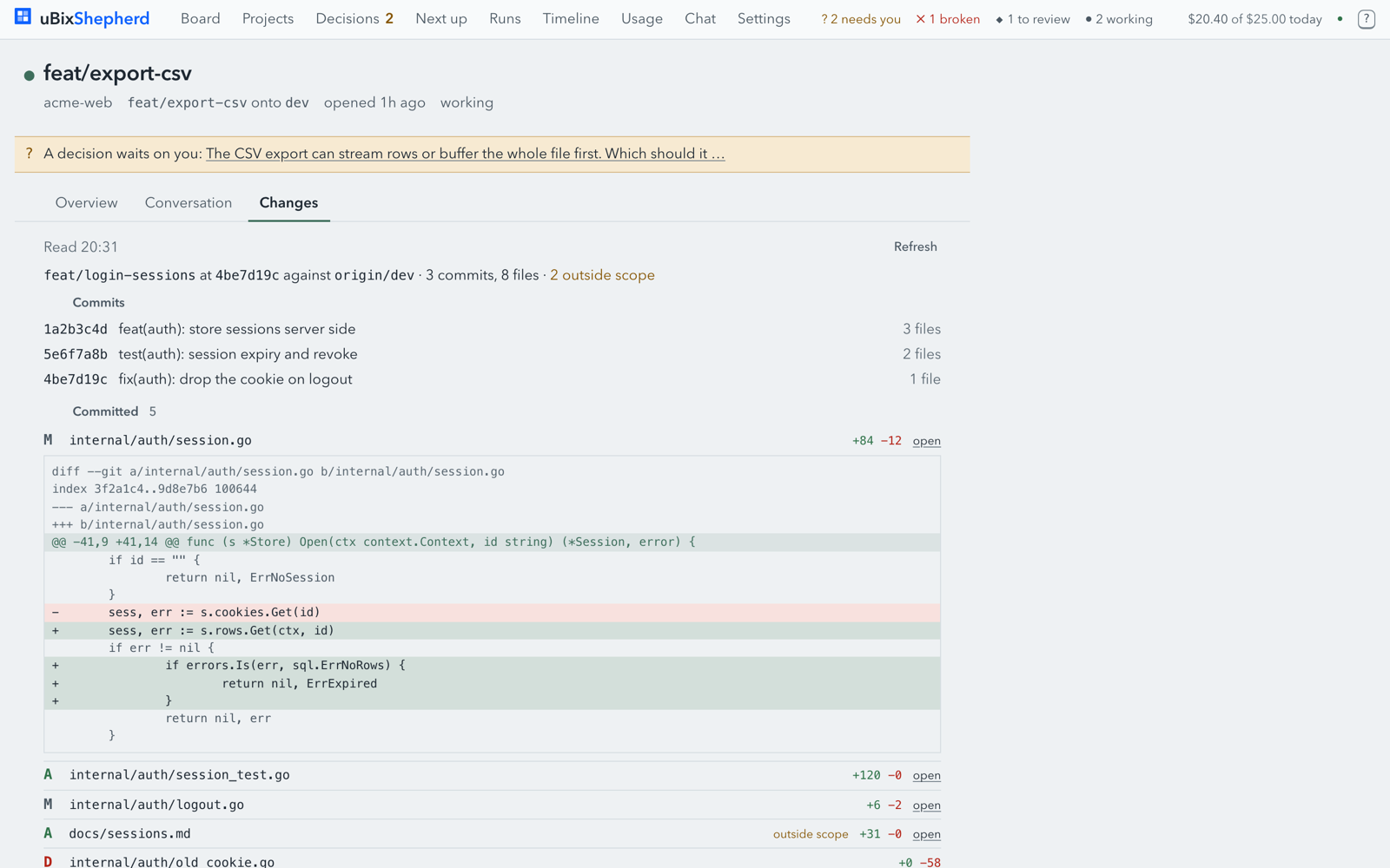A lane's Changes tab: commits, a file diff, and files marked outside the scope